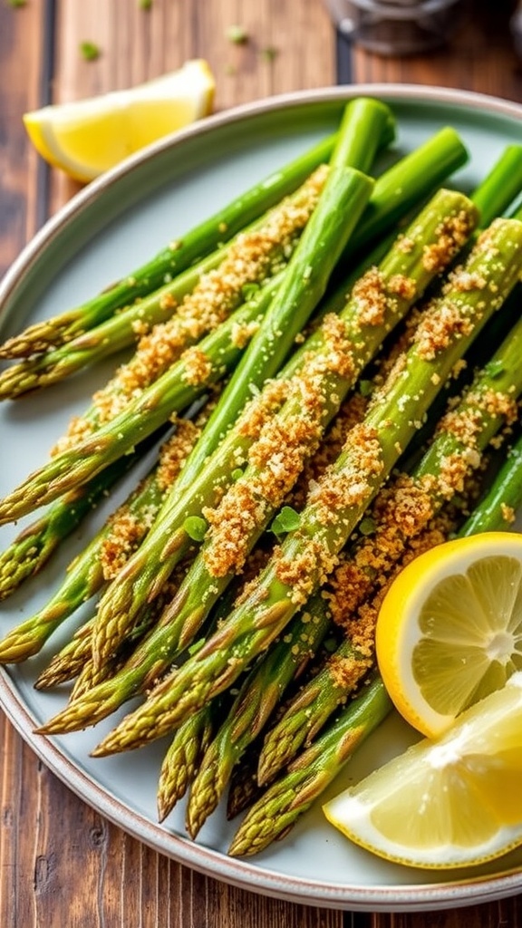 Crispy parmesan asparagus spears on a plate with lemon wedges, garnished with herbs.